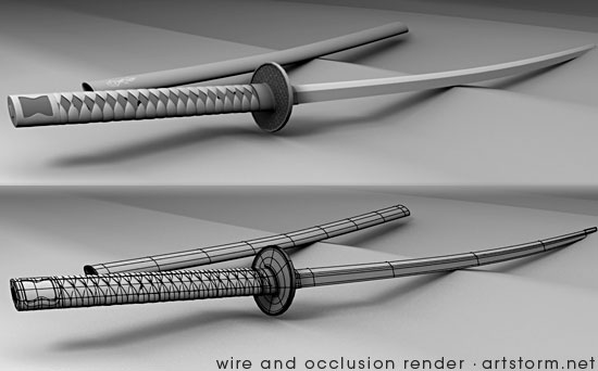 Katana Sword - Wire and Occlusion Render