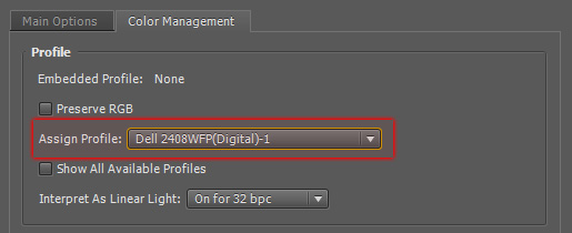 Assigning a Color Profile to imported footage.