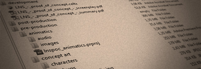 Screenshot of file and folder structure for filmmaking